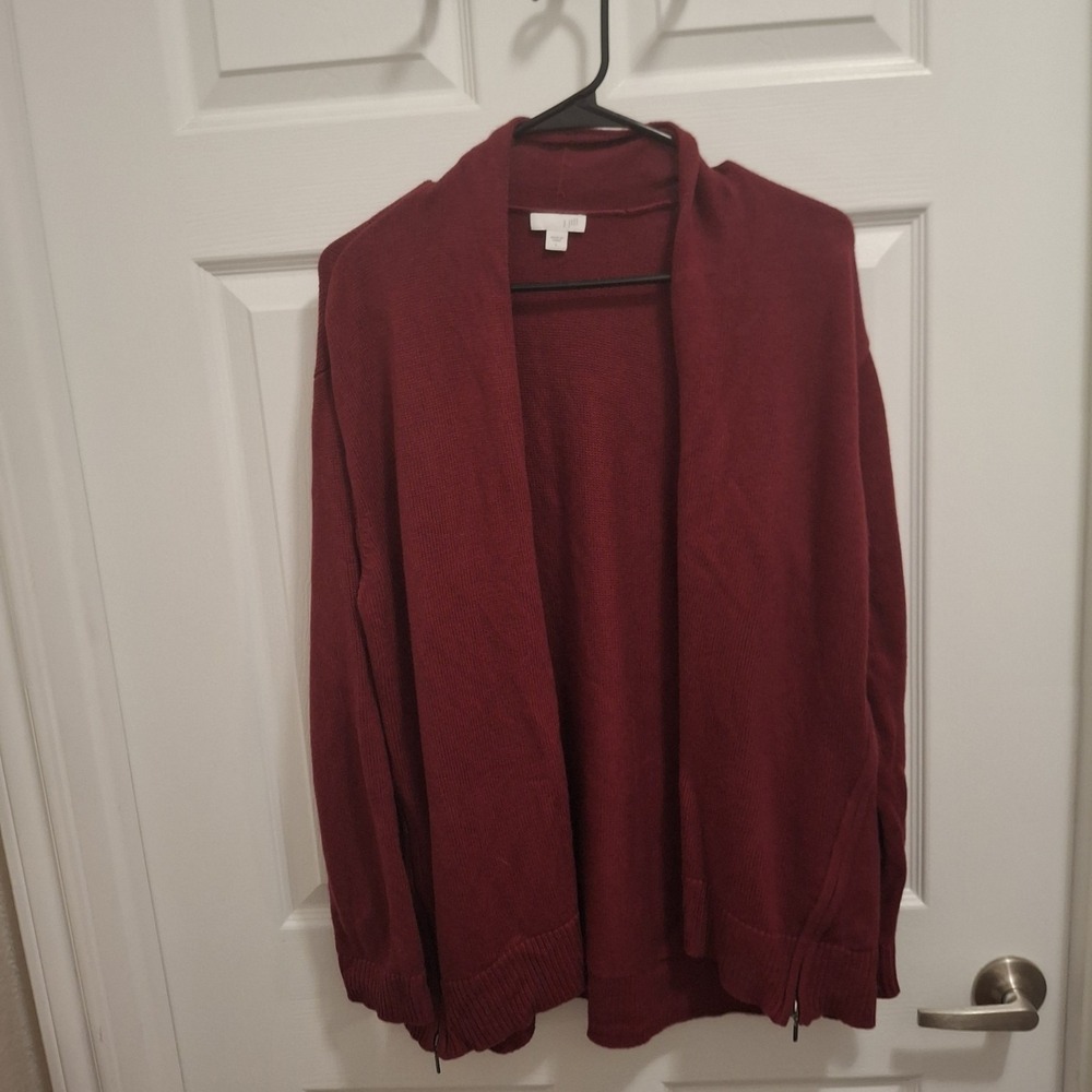J Jill Large Burgundy Open Front Side Slit Zip Comfortable Casual Thick Cardigan
